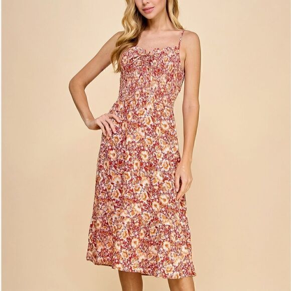 NEW! Cute Smocked Bodice Tie Front Boho Red Floral Spaghetti Strap Slip Dress - Picture 6 of 8